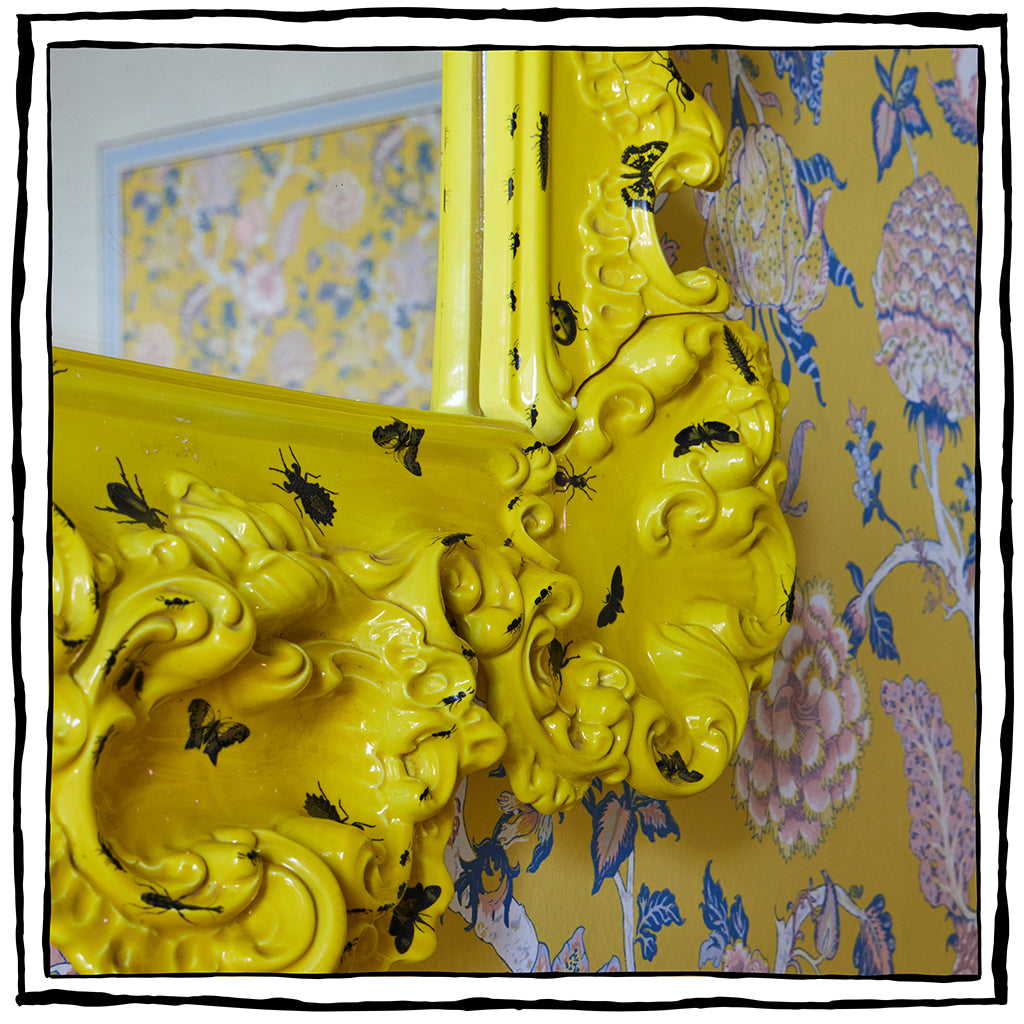 Ceramic Baroque-Style Mirror with Hand-painted Insects