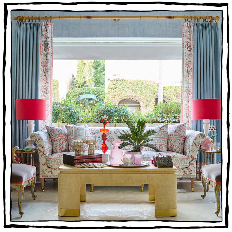 Brighton Straight Back Sofa in Palampore in Sky and Coral