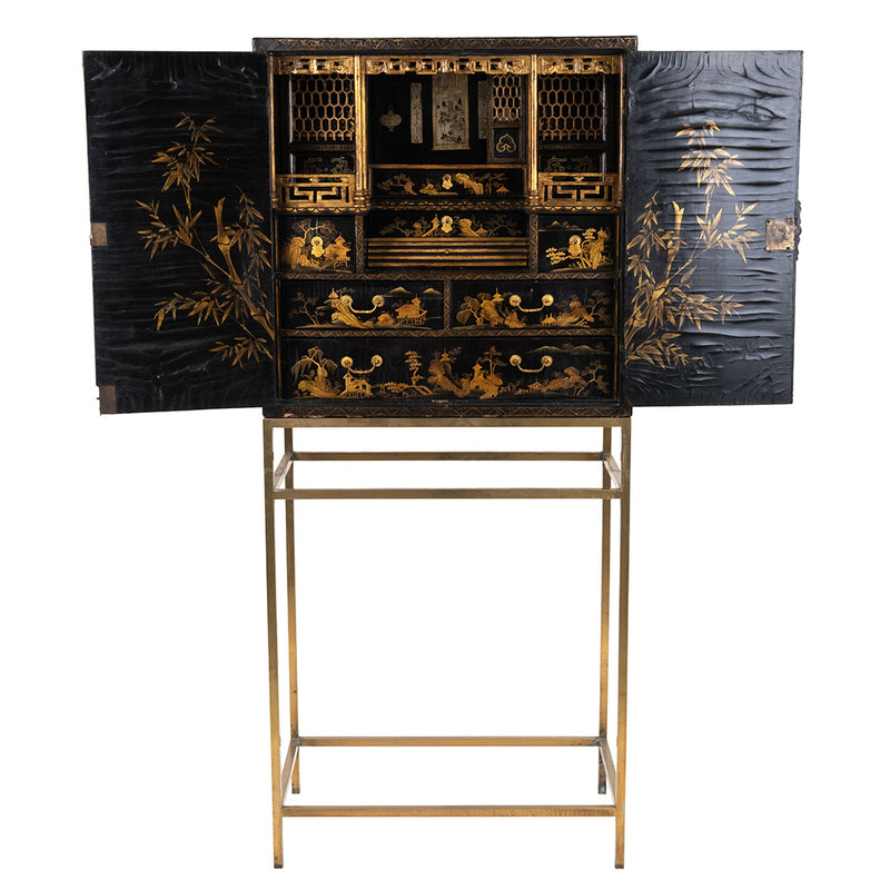 19th Century Japanned Black and Gilt Cabinet on Modern Brass Stand