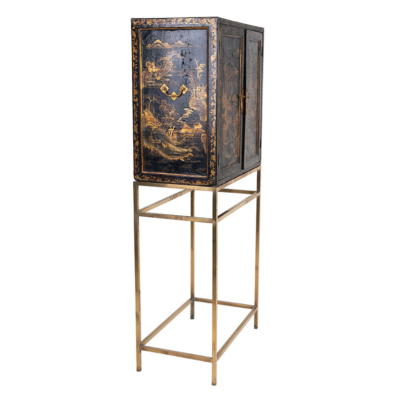 19th Century Japanned Black and Gilt Cabinet on Modern Brass Stand