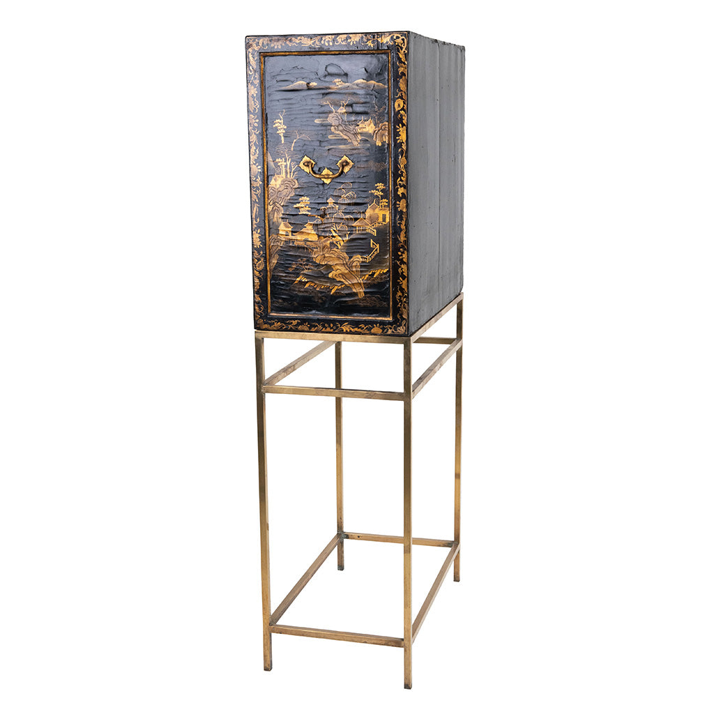 19th Century Japanned Black and Gilt Cabinet on Modern Brass Stand