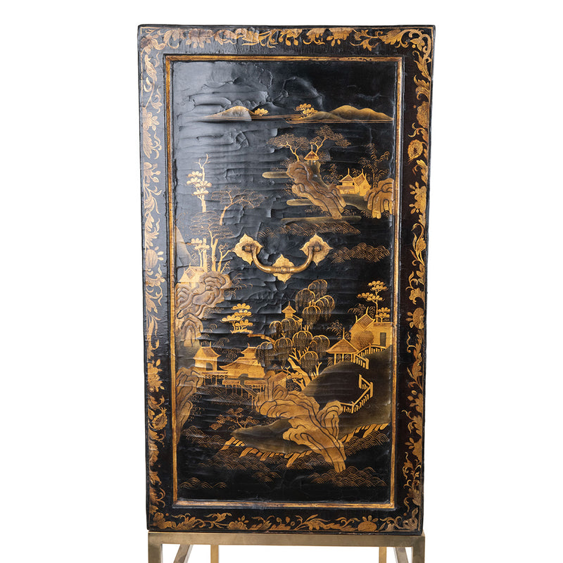 19th Century Japanned Black and Gilt Cabinet on Modern Brass Stand