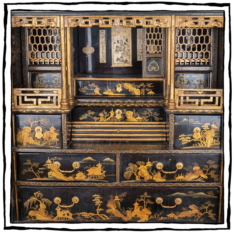19th Century Japanned Black and Gilt Cabinet on Modern Brass Stand