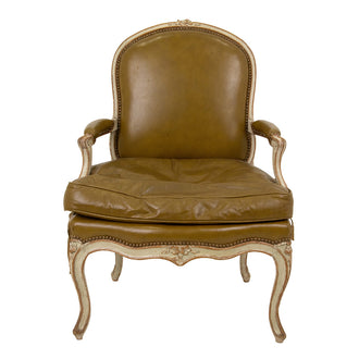 Louis XV Period Off White Painted Fauteuil with Vintage Acid Green Leather Upholstery