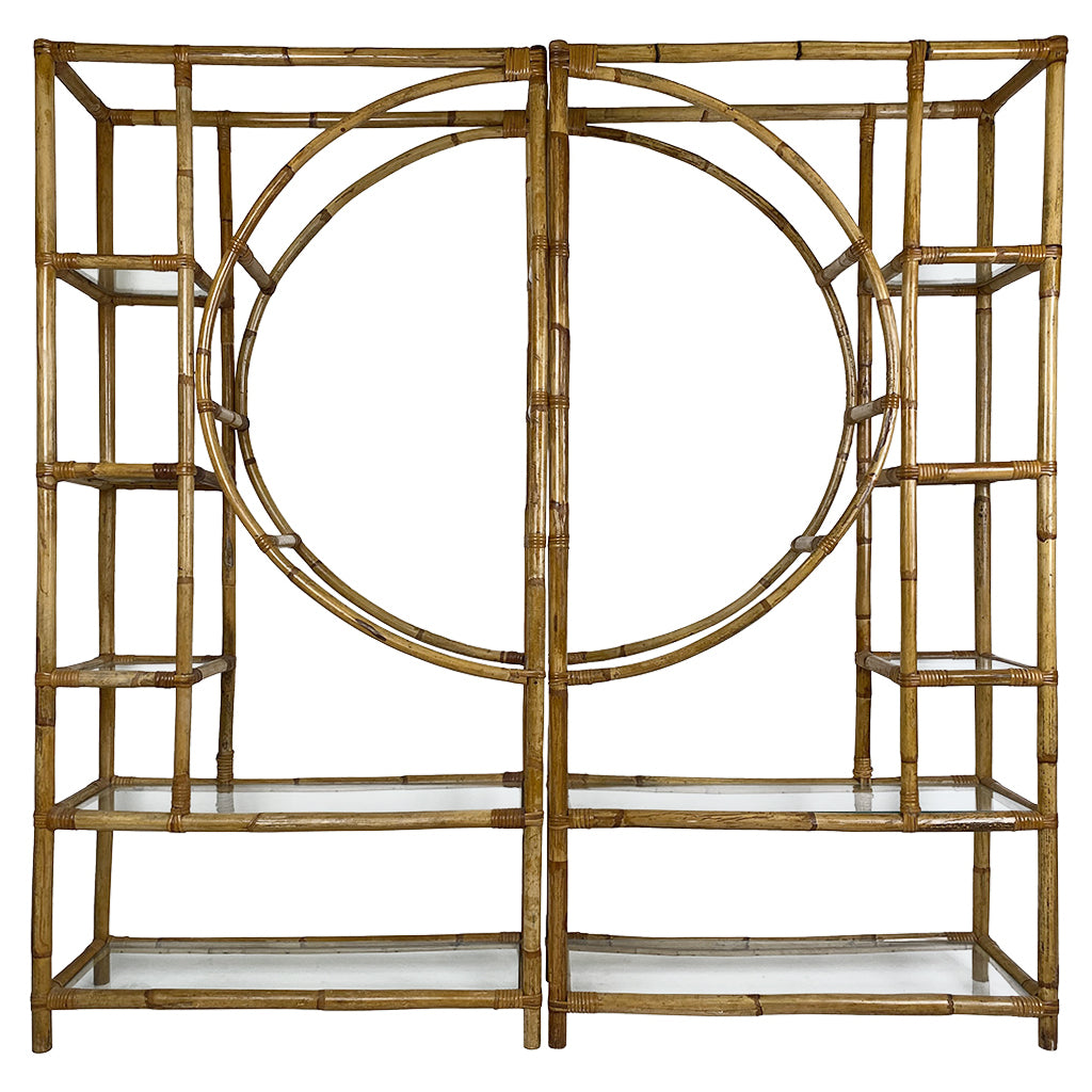 A Pair of Bamboo Half Moon Étagères with Glass Shelves