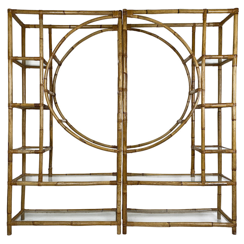 A Pair of Bamboo Half Moon Étagères with Glass Shelves
