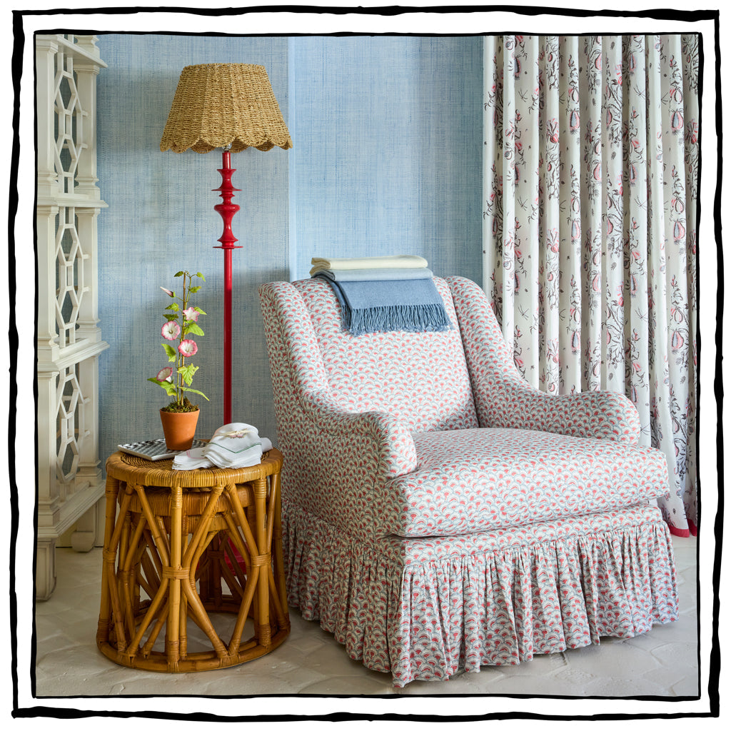 Lancaster Club Chair in Palampore Petal in Sky and Coral