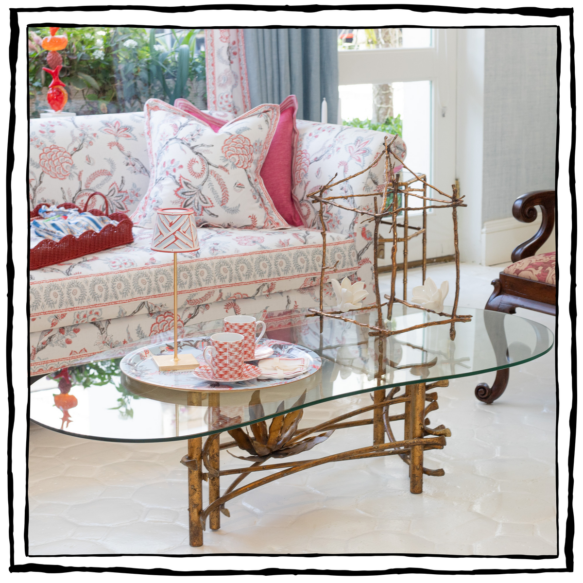 Gilt Metal "Lotus" Cocktail Table with Glass Top