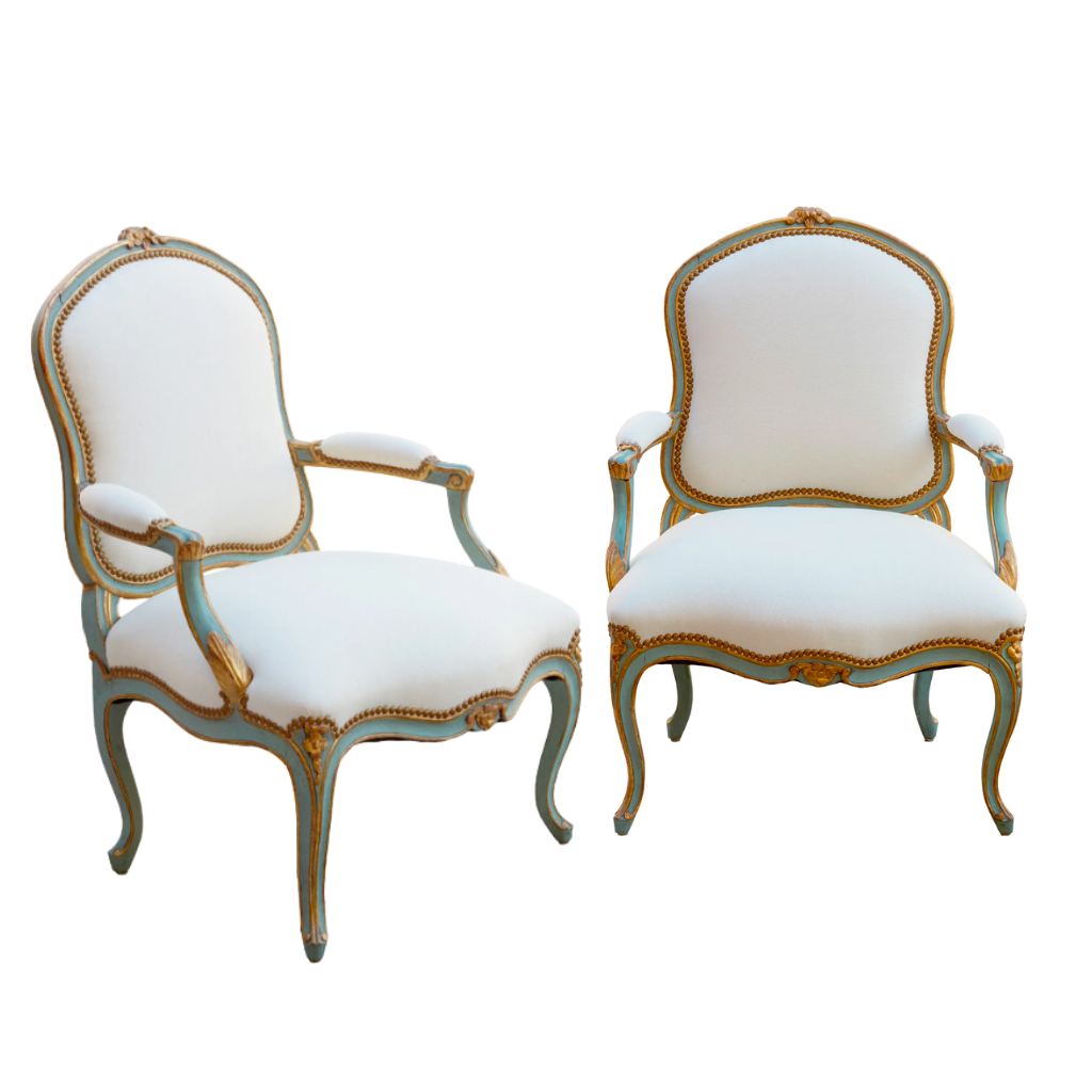 Pair of 18th Century Genoese Rococo Partial Gilt and Painted Fauteuils