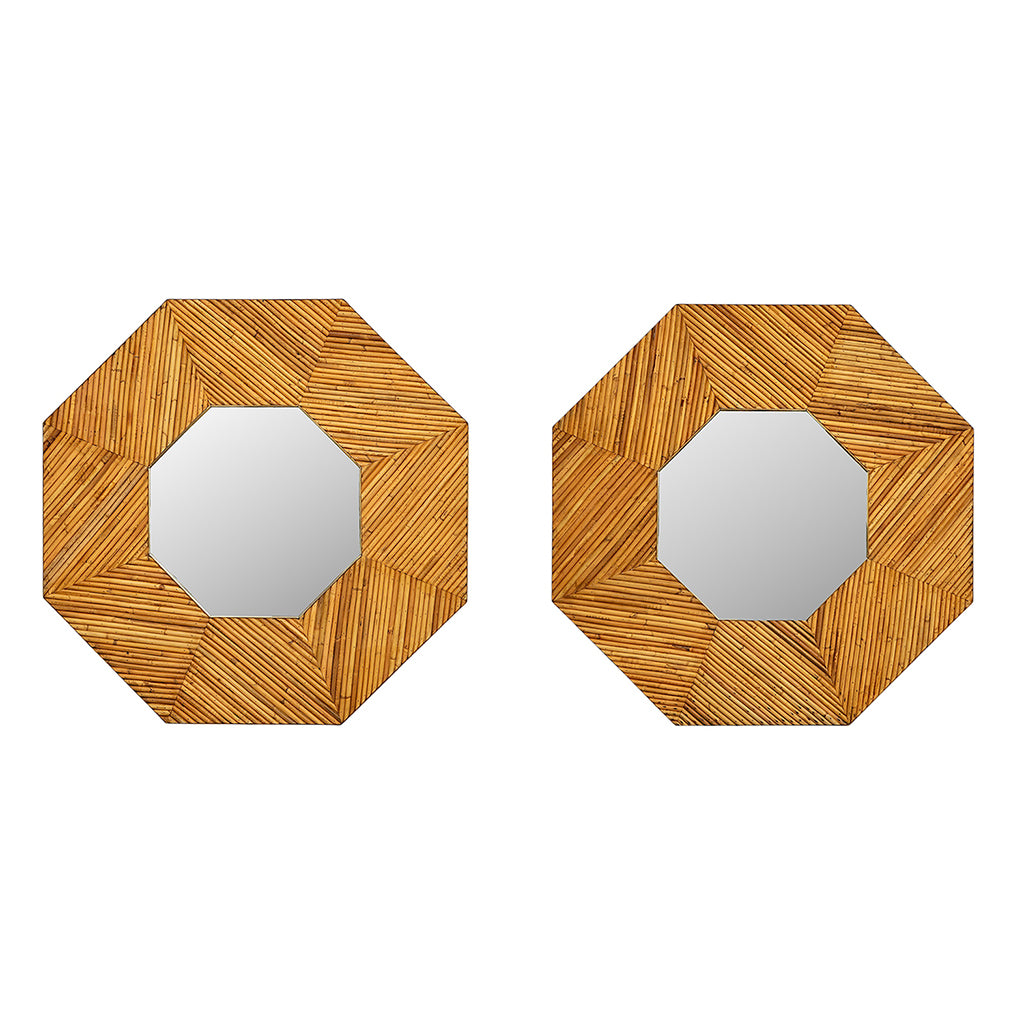 A Pair of Octagonal Shaped Pencil Rattan Mirrors with Brass Accents attributed to Vivai del Sud