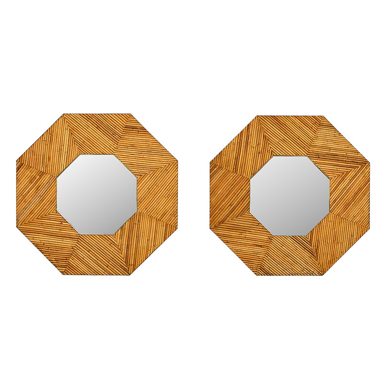 A Pair of Octagonal Shaped Pencil Rattan Mirrors with Brass Accents attributed to Vivai del Sud