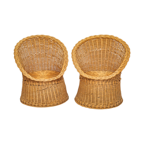 A Pair of Rounded Rattan Chairs with Braided Edges