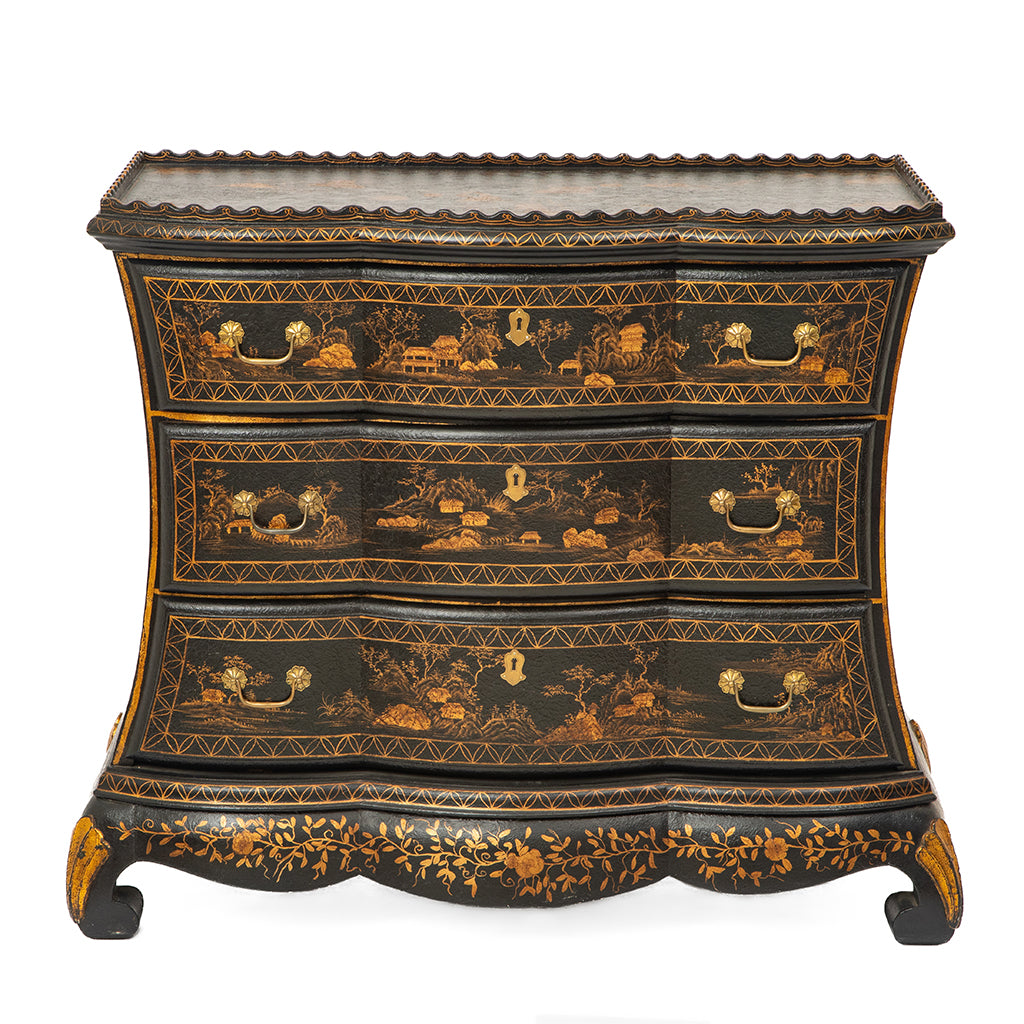A 19th Century English Japanned Chest of Drawers with Scalloped Gallery