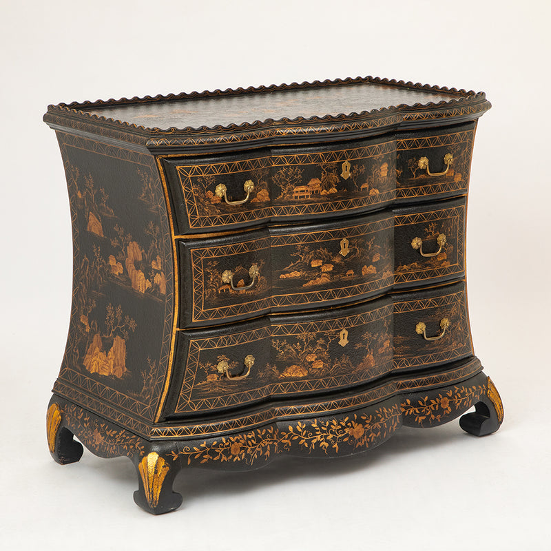 A 19th Century English Japanned Chest of Drawers with Scalloped Gallery