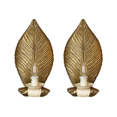 A Pair of Lacquer Painted and Gilded Brass Leaf Sconces