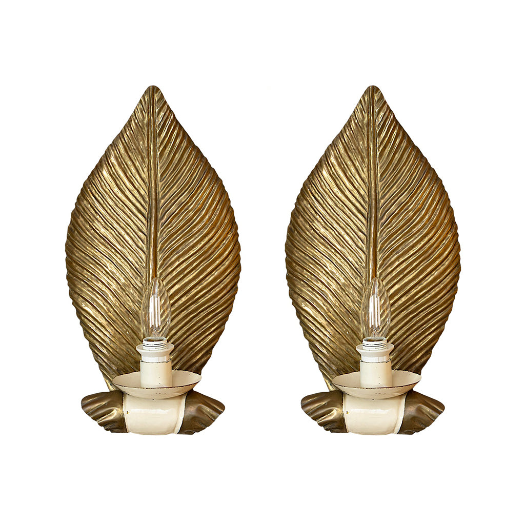 A Pair of Lacquer Painted and Gilded Brass Leaf Sconces