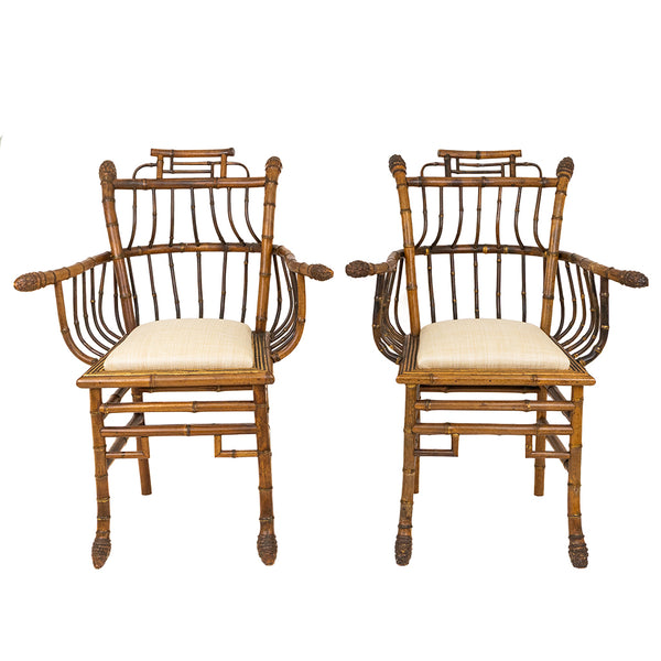 A Pair of Chinese Export Faux Bamboo Arm Chairs