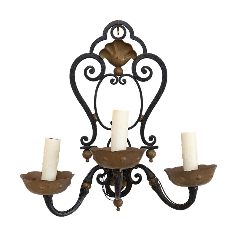 A Pair of Gilt Metal and Wrought Iron Three-Arm Sconces
