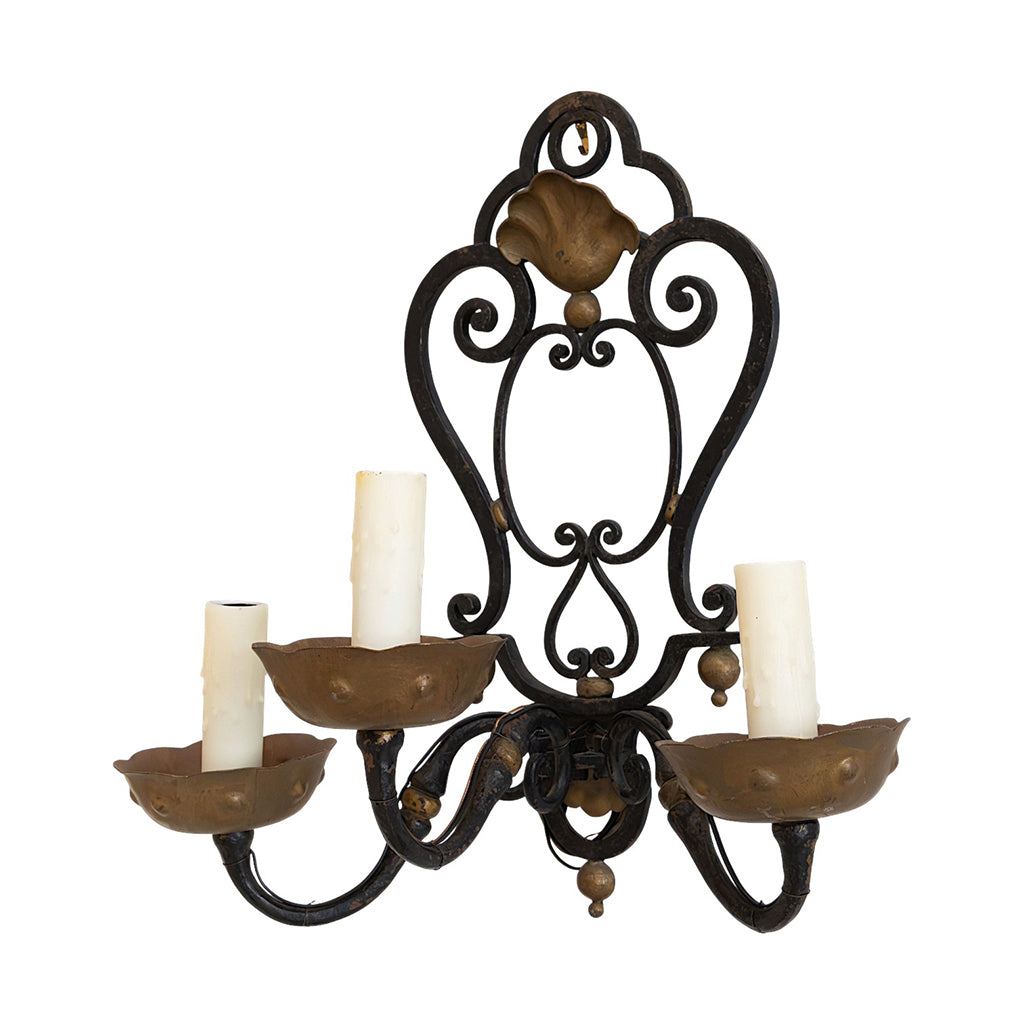 A Pair of Gilt Metal and Wrought Iron Three-Arm Sconces