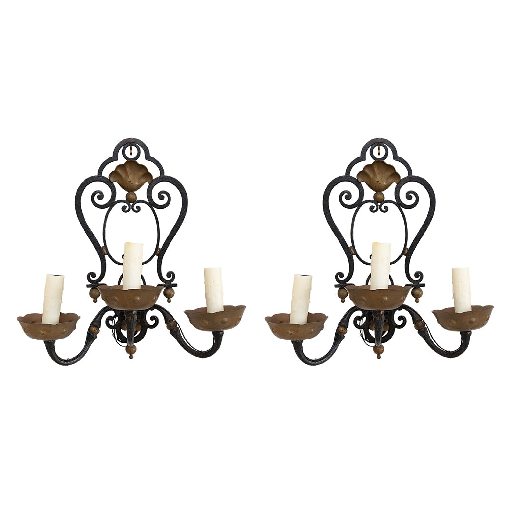 A Pair of Gilt Metal and Wrought Iron Three-Arm Sconces