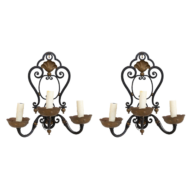 A Pair of Gilt Metal and Wrought Iron Three-Arm Sconces