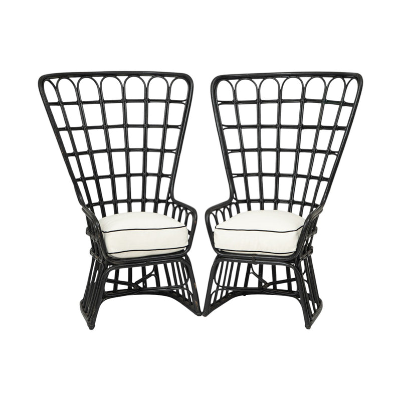 A Pair of High Back Rattan Wing Chairs