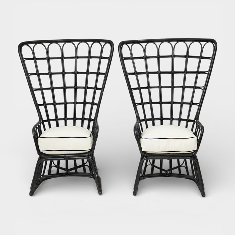 A Pair of High Back Rattan Wing Chairs