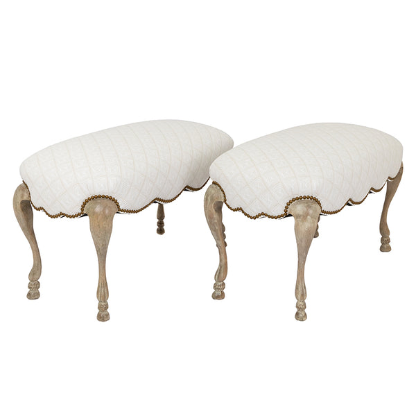 A Pair of Louis XV Style Upholstered Benches with Cabriole Legs