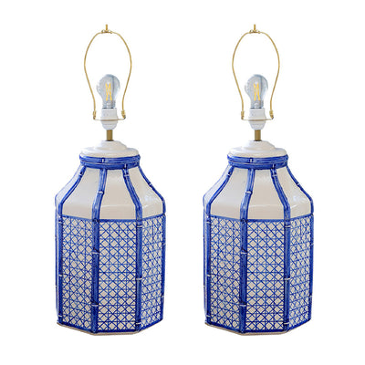 A Pair of Octagonal Ceramic Lamps with Trompe L'oeil Bamboo and Cane Lattice Details
