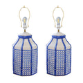 A Pair of Octagonal Ceramic Lamps with Trompe L'oeil Bamboo and Cane Lattice Details