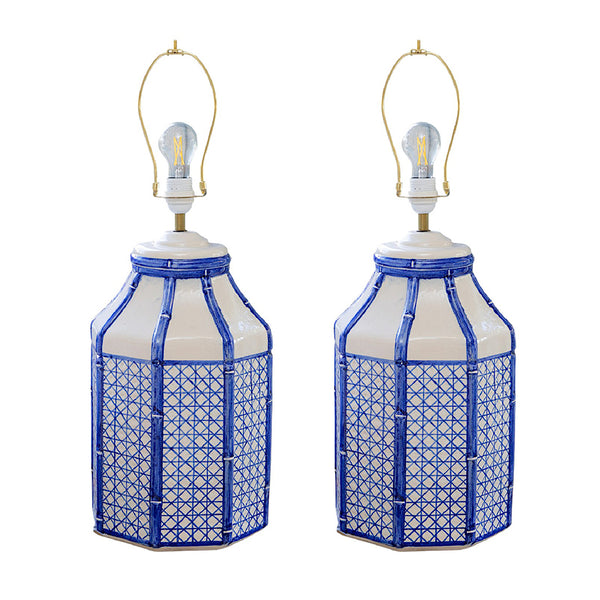 A Pair of Octagonal Ceramic Lamps with Trompe L'oeil Bamboo and Cane Lattice Details
