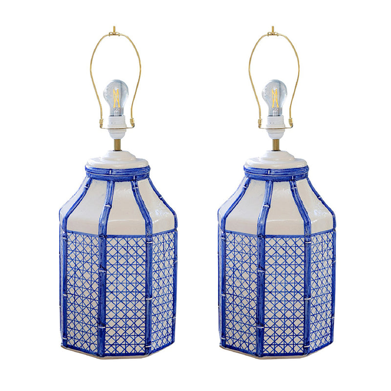 A Pair of Octagonal Ceramic Lamps with Trompe L'oeil Bamboo and Cane Lattice Details