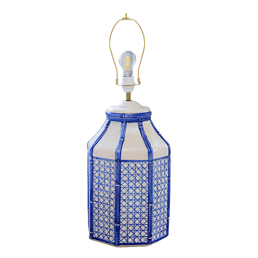 A Pair of Octagonal Ceramic Lamps with Trompe L'oeil Bamboo and Cane Lattice Details