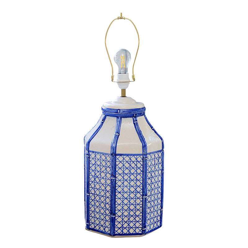 A Pair of Octagonal Ceramic Lamps with Trompe L'oeil Bamboo and Cane Lattice Details