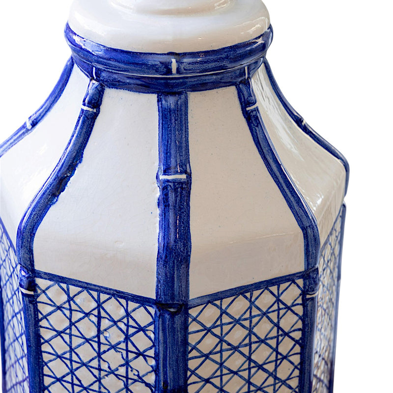 A Pair of Octagonal Ceramic Lamps with Trompe L'oeil Bamboo and Cane Lattice Details