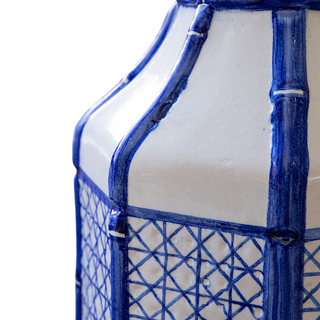A Pair of Octagonal Ceramic Lamps with Trompe L'oeil Bamboo and Cane Lattice Details
