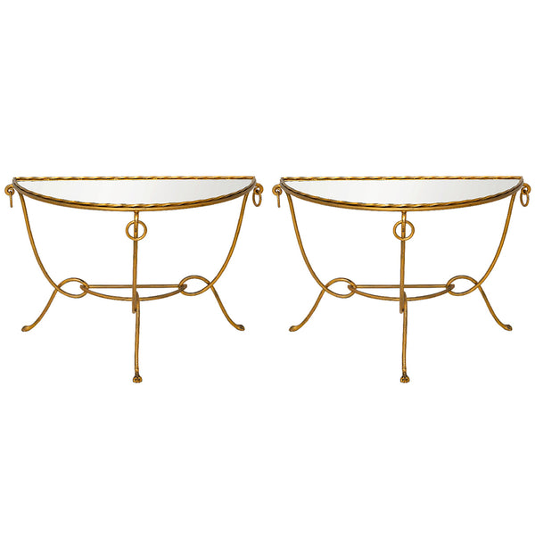 A Rare Pair of Forged Iron Demilune Console Tables by René Drouet