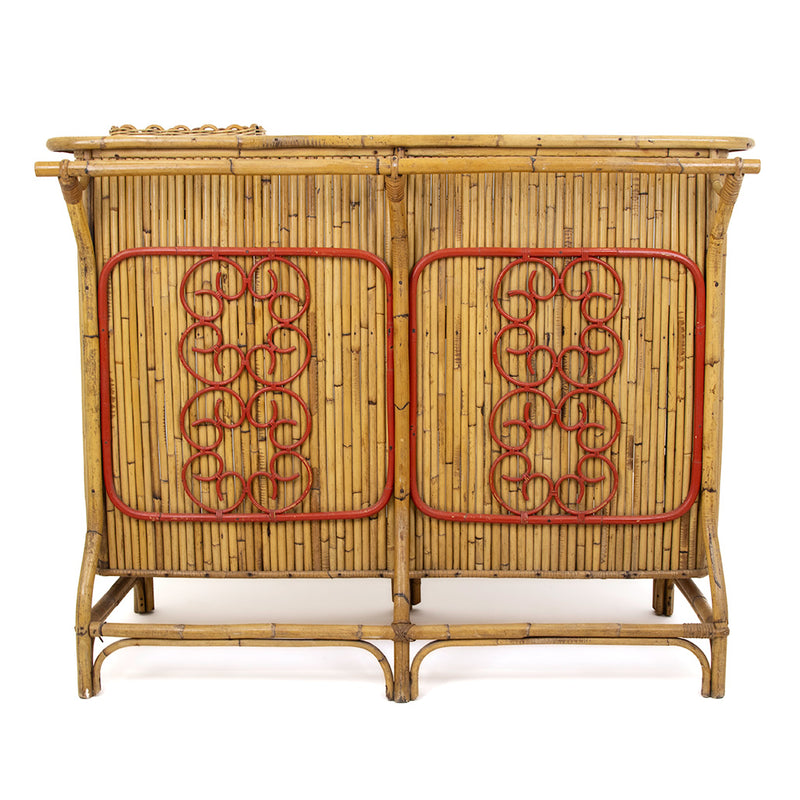 Vintage Bamboo Bar with Red Lacquered Fleurette