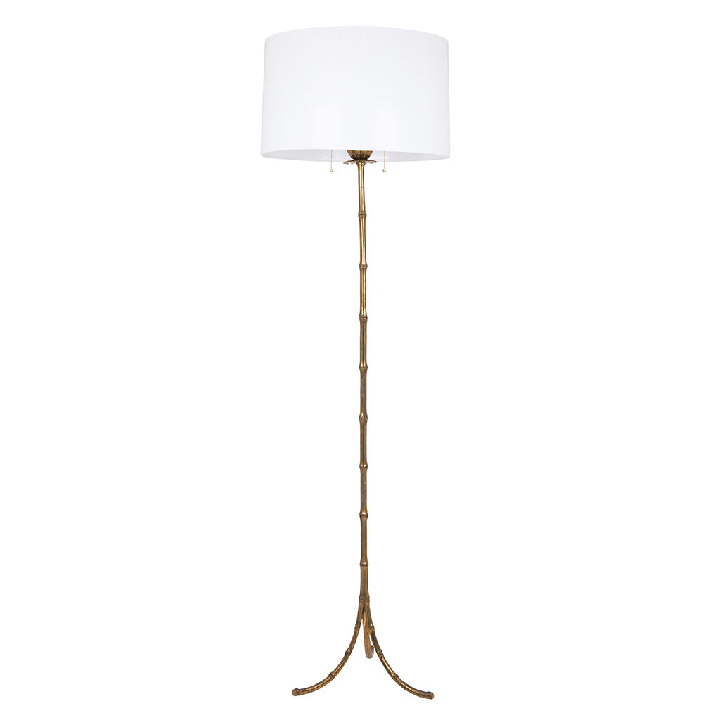Pair of Faux Bamboo Two-Light Brass Standing Lamps with Tripod Feet in the Manner of Bagues
