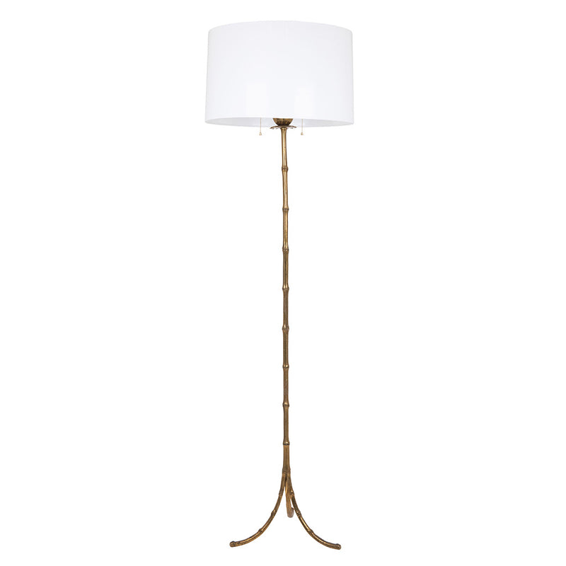 Pair of Faux Bamboo Two-Light Brass Standing Lamps with Tripod Feet in the Manner of Bagues