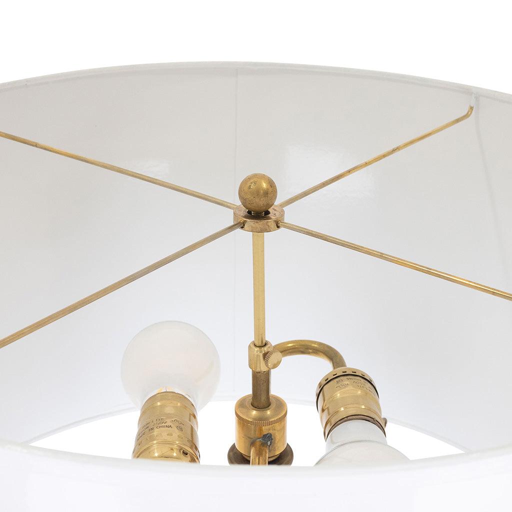 Pair of Faux Bamboo Two-Light Brass Standing Lamps with Tripod Feet in the Manner of Bagues