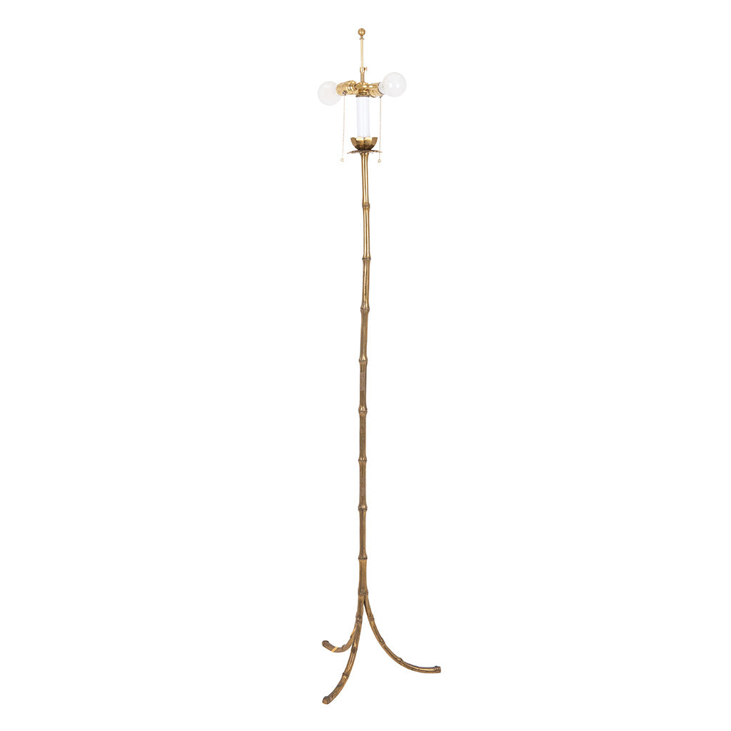 Pair of Faux Bamboo Two-Light Brass Standing Lamps with Tripod Feet in the Manner of Bagues