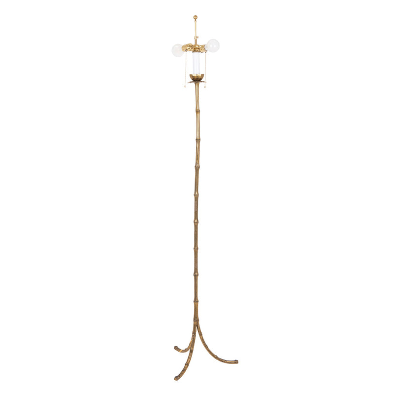 Pair of Faux Bamboo Two-Light Brass Standing Lamps with Tripod Feet in the Manner of Bagues