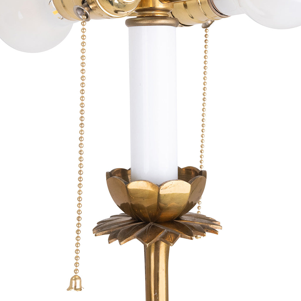 Pair of Faux Bamboo Two-Light Brass Standing Lamps with Tripod Feet in the Manner of Bagues