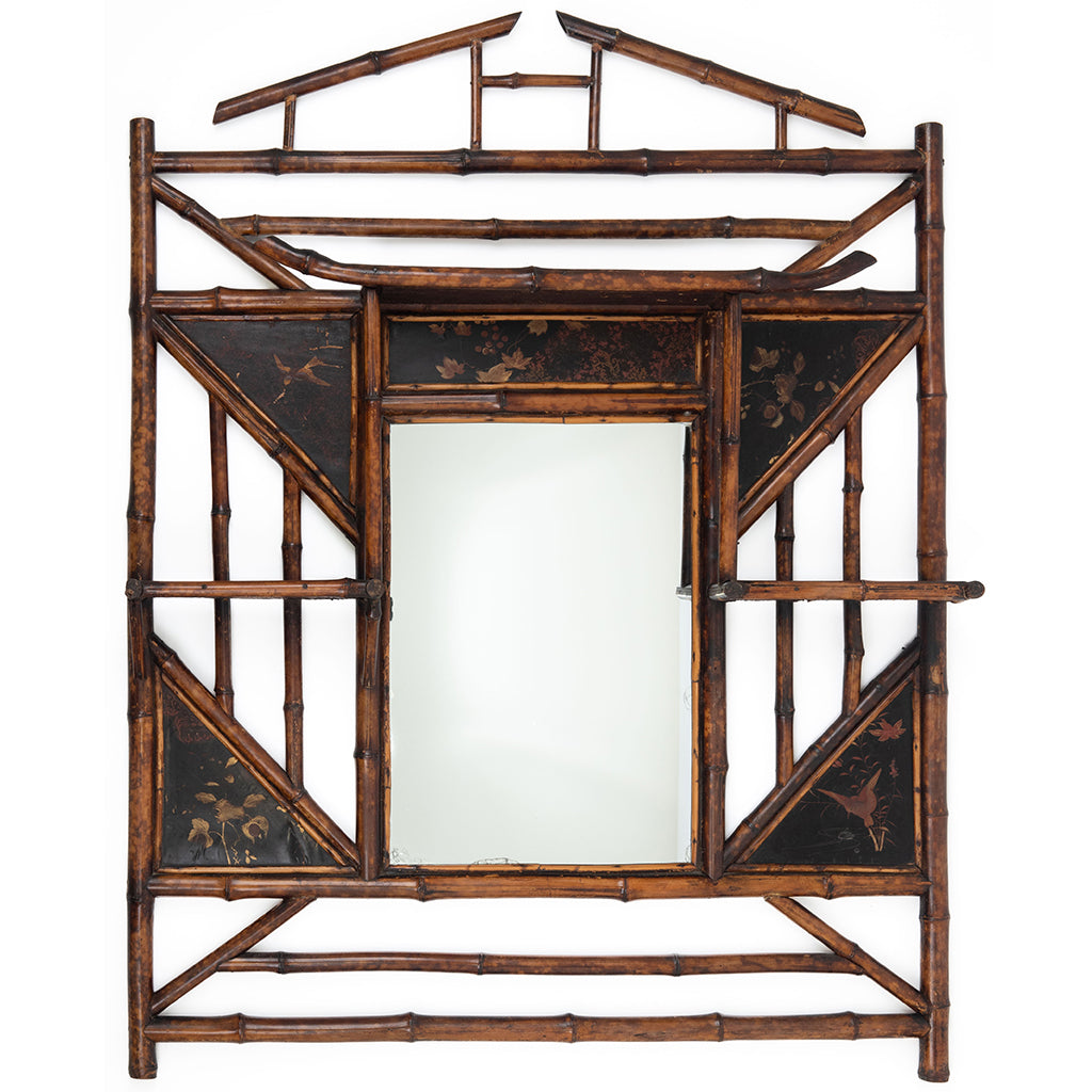 Vintage Bamboo Mirror with Japanned Panels