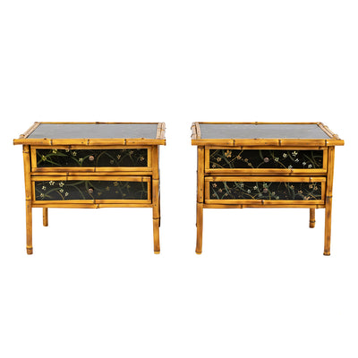 A Pair of Bamboo and Black Lacquered Side Tables with Hand Painted Floral Decor