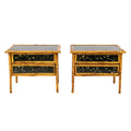 A Pair of Bamboo and Black Lacquered Side Tables with Hand Painted Floral Decor