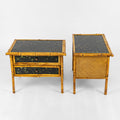 A Pair of Bamboo and Black Lacquered Side Tables with Hand Painted Floral Decor