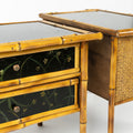 A Pair of Bamboo and Black Lacquered Side Tables with Hand Painted Floral Decor