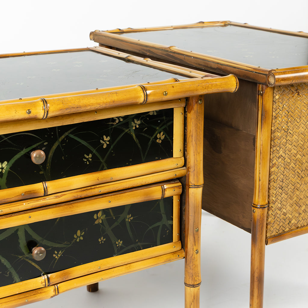 A Pair of Bamboo and Black Lacquered Side Tables with Hand Painted Floral Decor